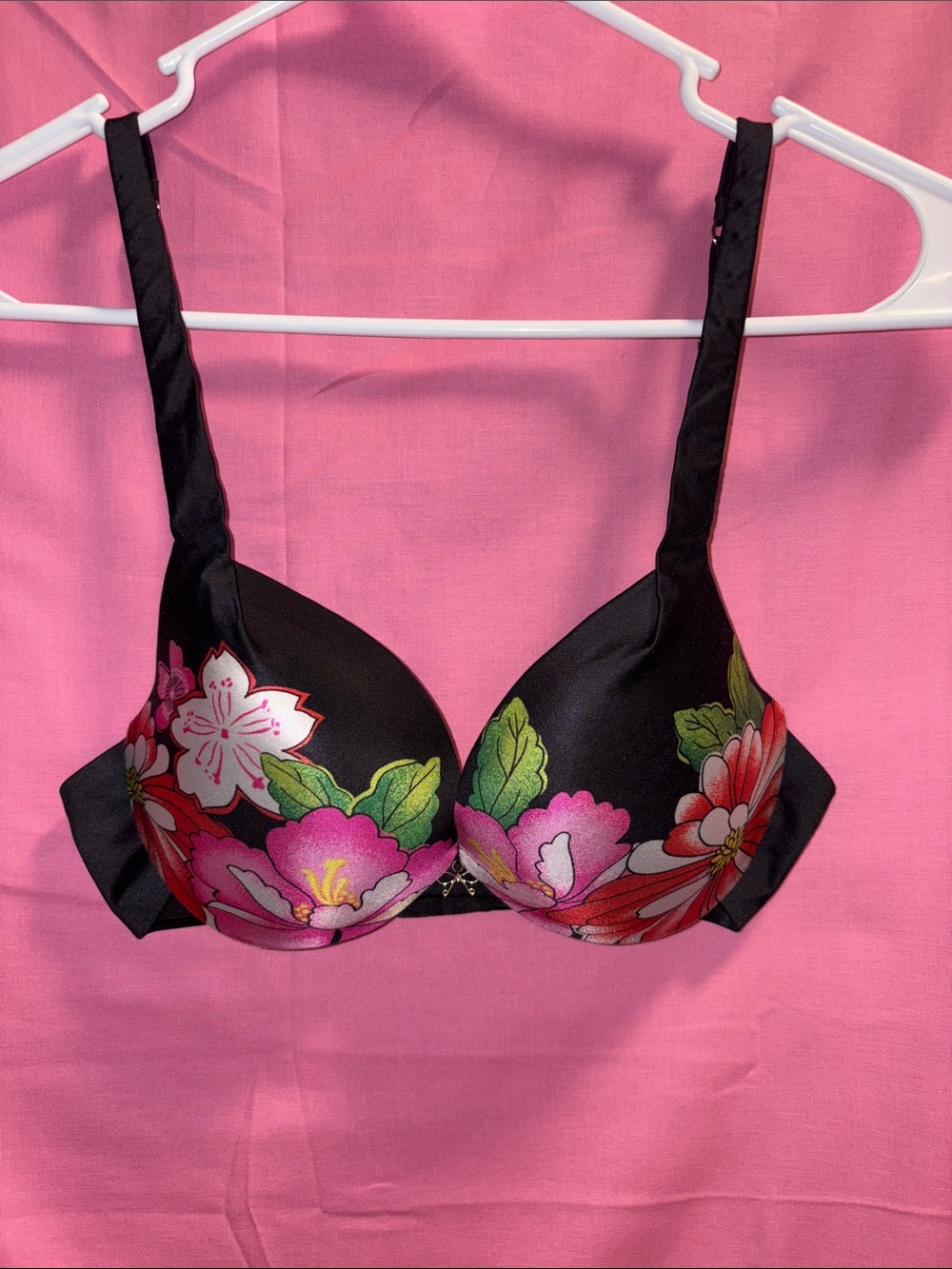 Victoria's Secret Black Floral Push-Up Bra with Pink & Green Accents